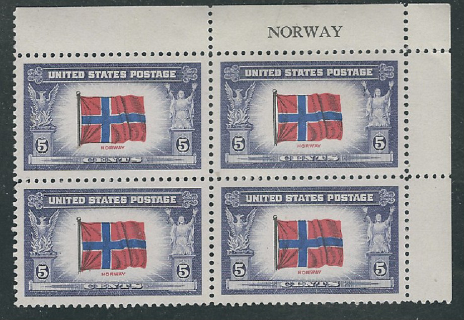 Scott #911...5 Cent...Norway...4 Inscribed Margin Blocks...MNH