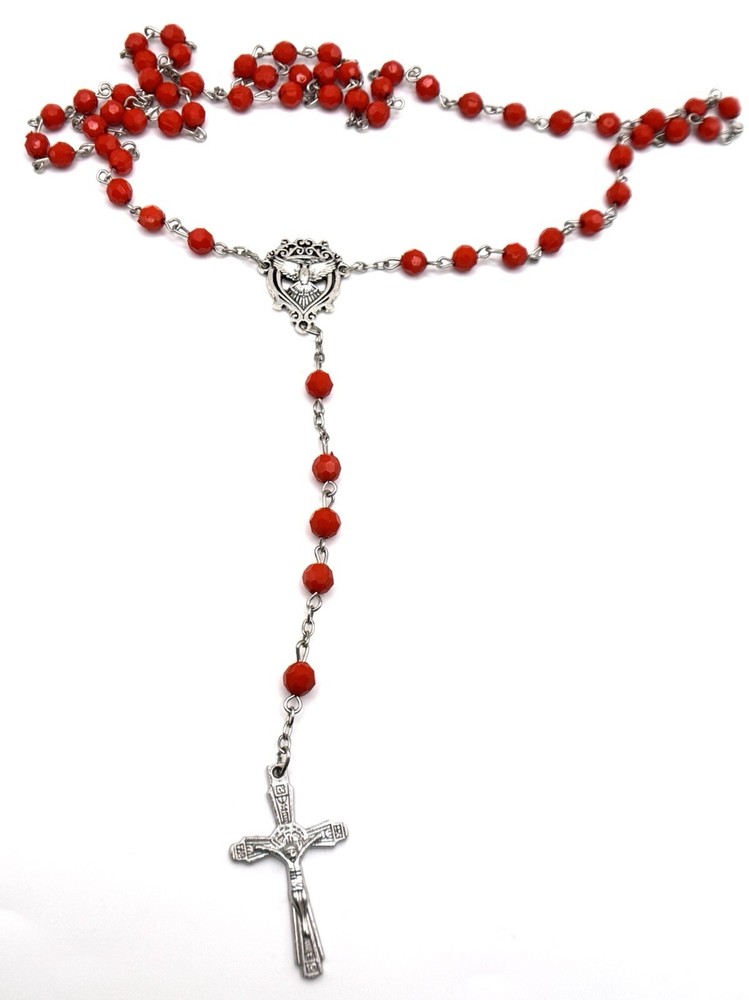 Silver Rosary Red Bead Necklace 30 in