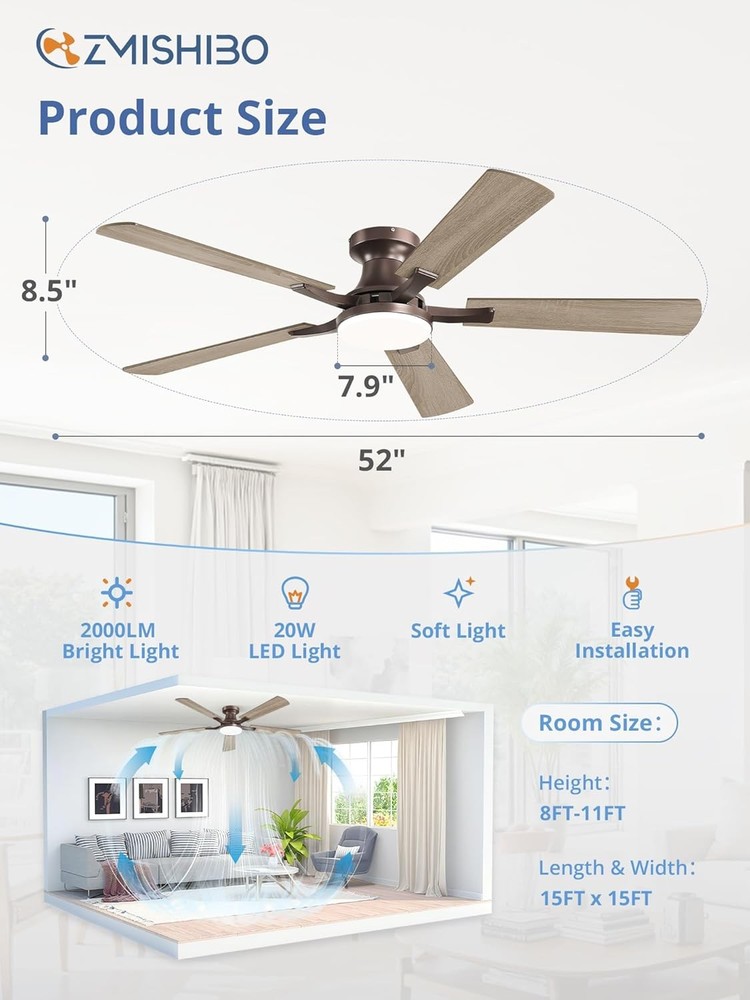 52 Inch Ceiling Fan W/ Light App&Remote Control Flush Mount Low Profile Dimmable