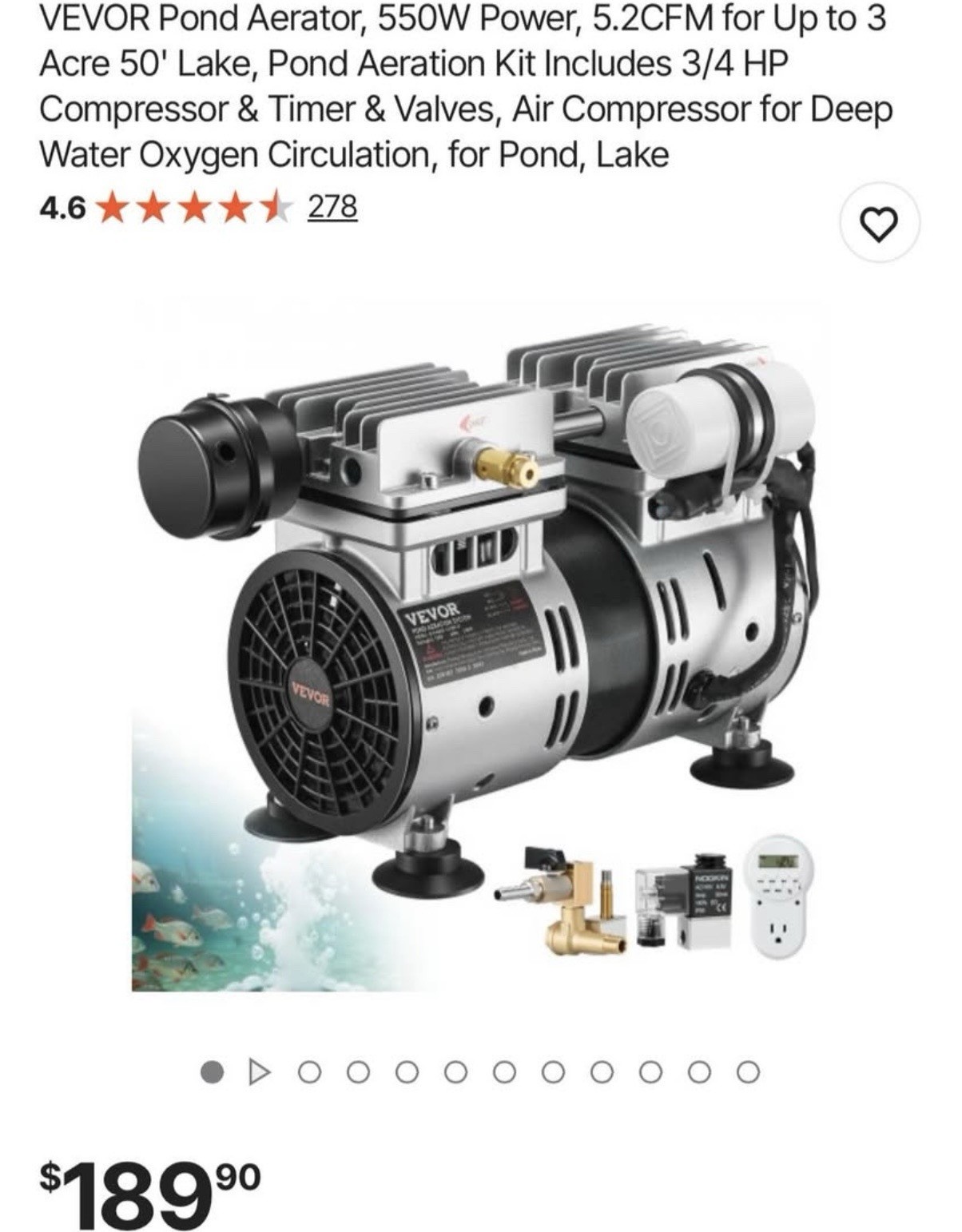 VEVOR 550W Pond Aerator, 5.2CFM, Up to 3 Acre, 50' Lake OLF400D-140BS-B