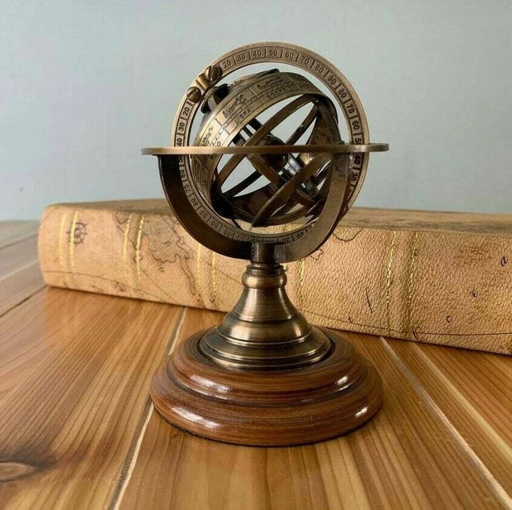 Nautical Sphere World Globe With Base Engraved Brass Tabletop Decor Armillary