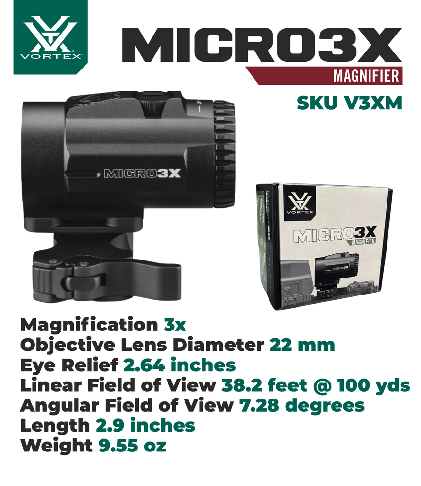 Vortex Optics Micro3X Red Dot Sight Magnifier w/ CF Hat and Cleaning Pen Bundle