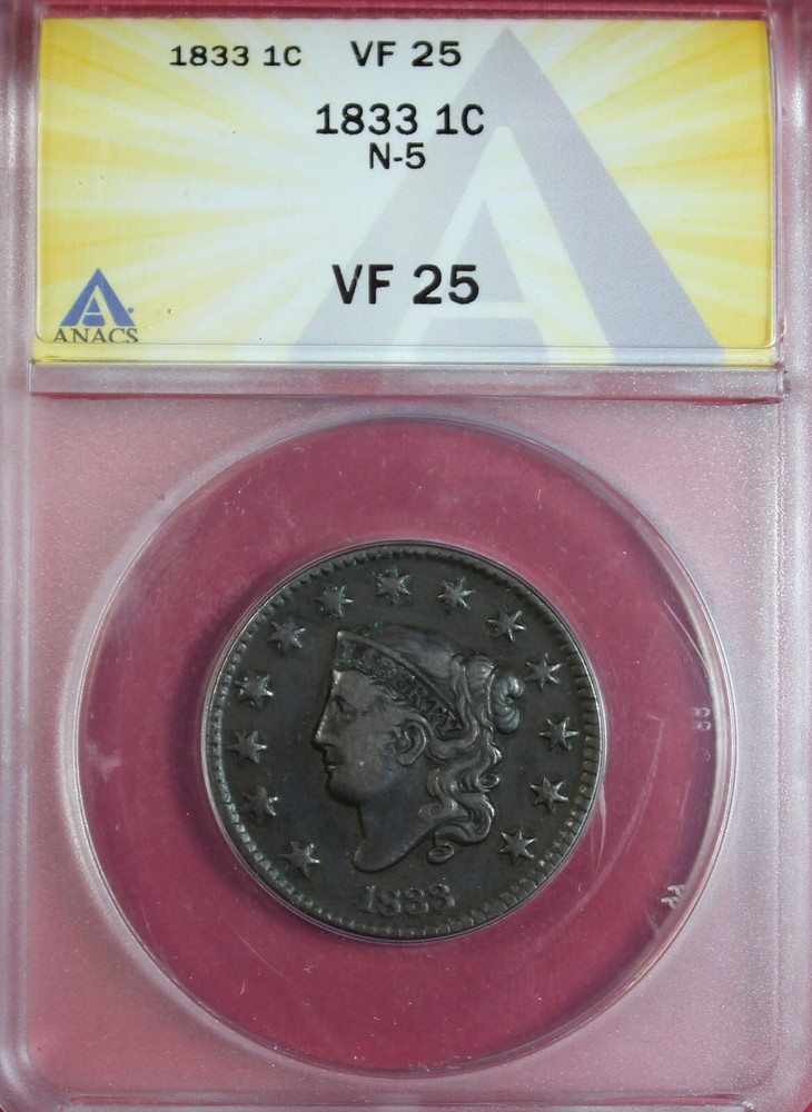 1833 LARGE CENT N-5 ANACS VF25
