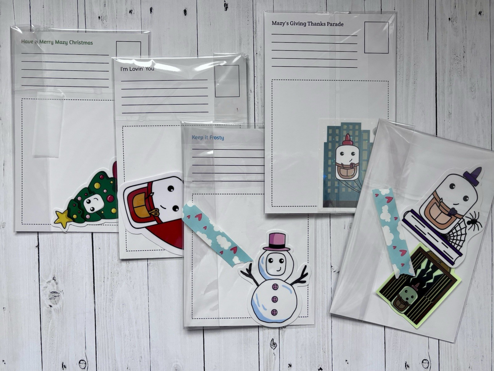 Mazy themed Stationary Postcards, Stickers And ribbon