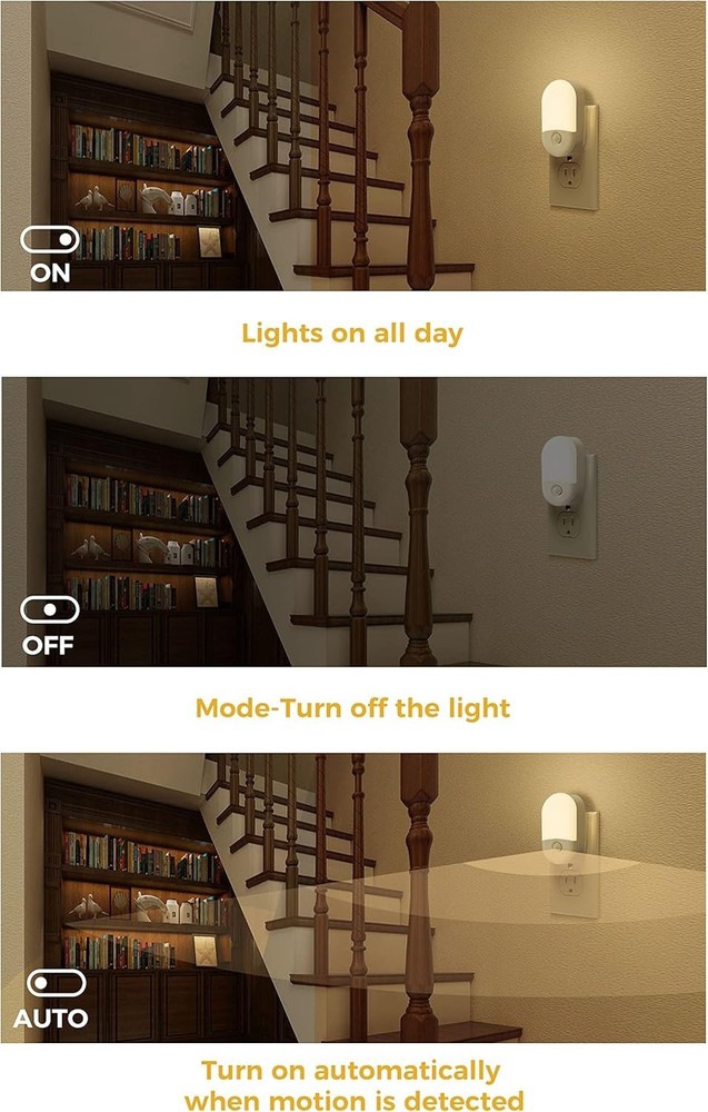 LED Motion Sensor Night Light Plug-In Auto On Off Warm White Adjustable 2 Pack