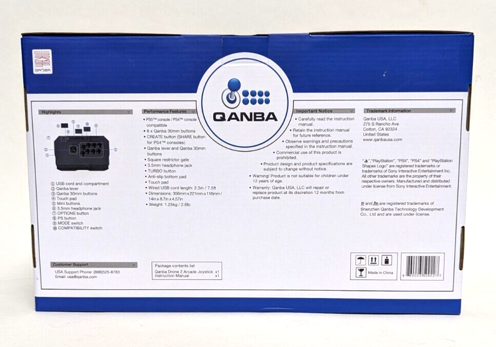 QANBA Drone 2 Arcade Joystick For PS5, PS4 Wired USB cord length 7.5ft Black