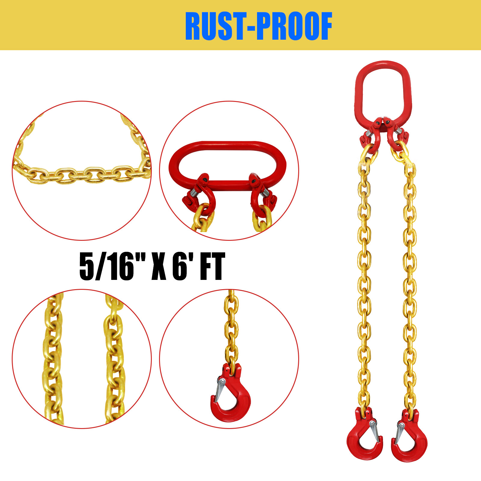One 5/16" x 6' G80 Chain Lifting Sling 2 Legs 3T/6600lbs Capacity w/Grab Hooks