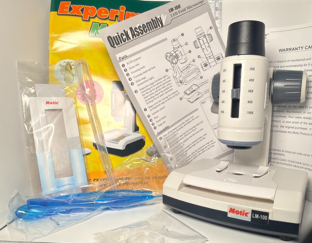Motic LM-100 Microscope Kit WORKING w Case Sample Slides Tools Student Lab Set