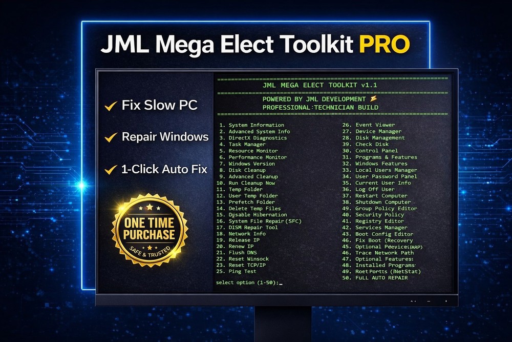 JML Mega Elect PC Repair Toolkit PRO USB | 1-Click Fix 50+ Tools No Sub