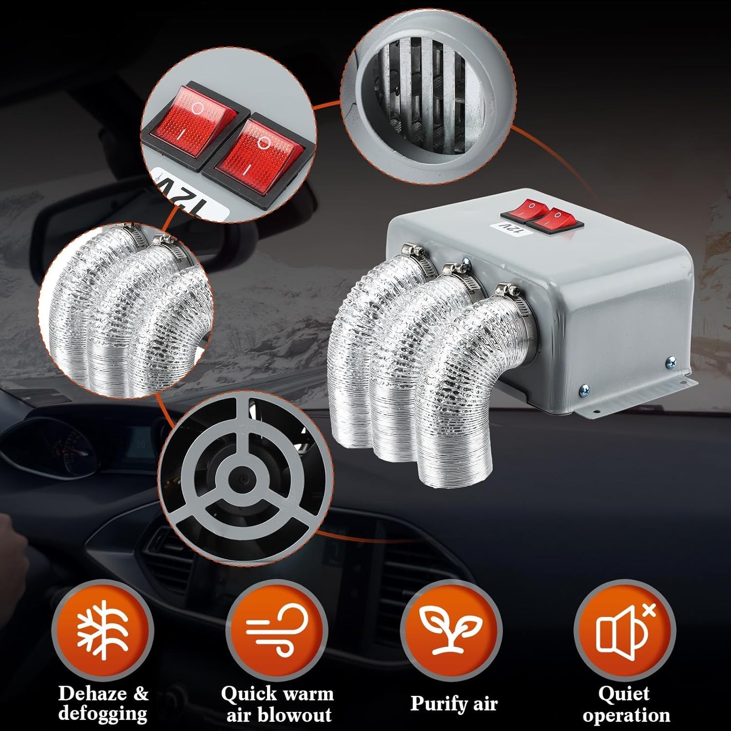 Interior Heater 12V 800W Dual Gear 3 Hole Compact Car Demister Winter Fast Heat