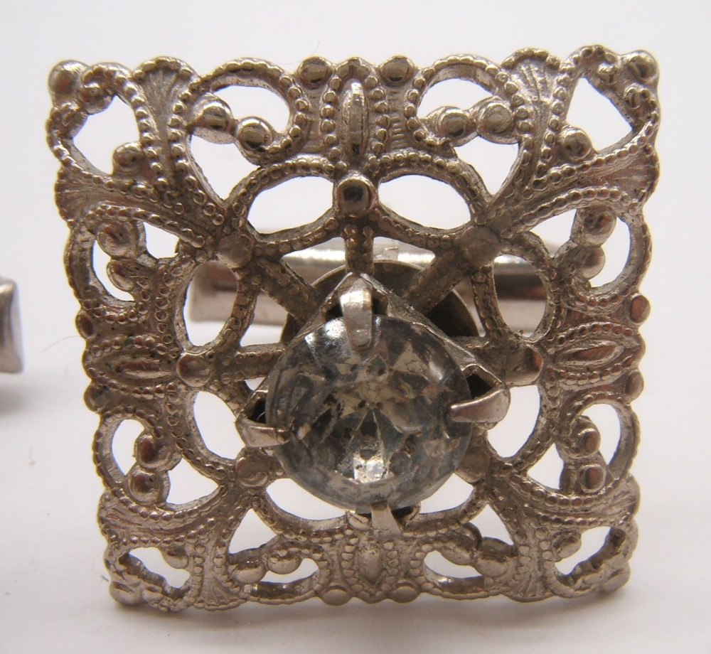 VTG SILVER TONE CUFFLINKS OPEN DESIGN WORK WITH CENTER STONE