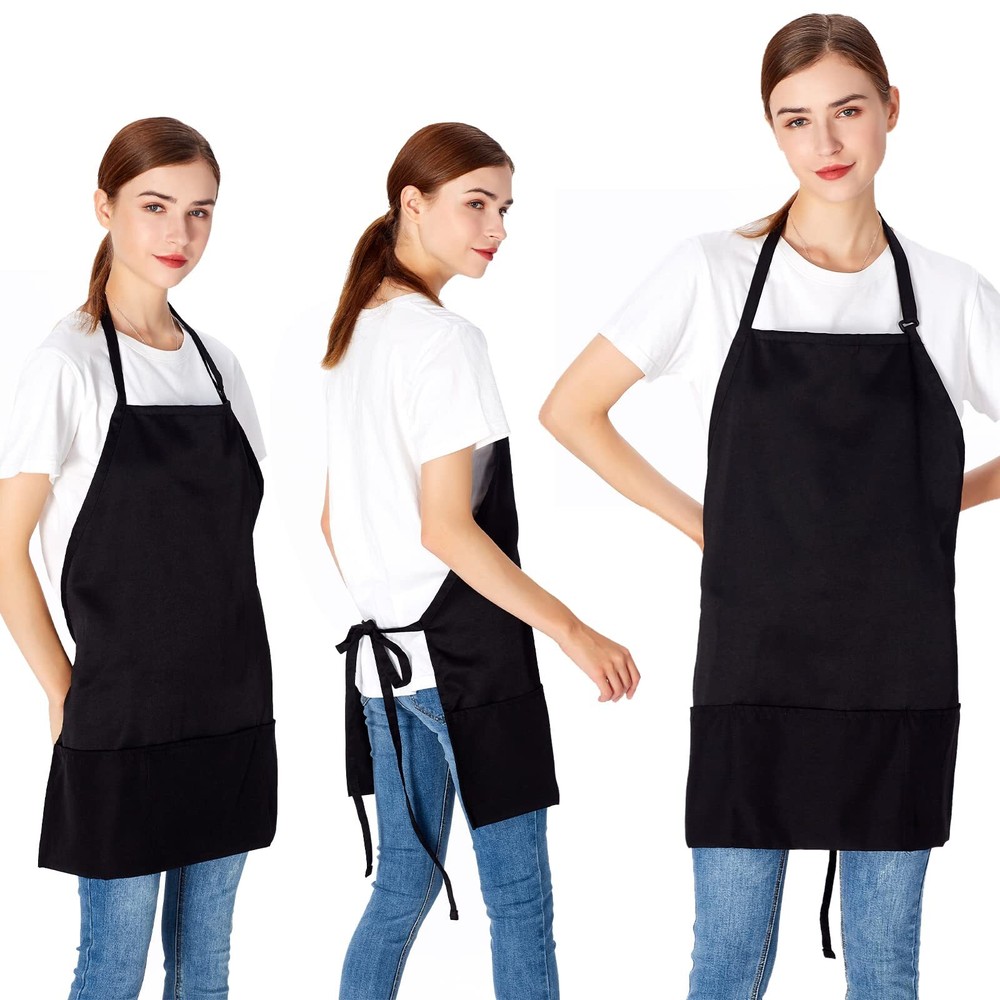 2 Pack Bib Apron 3 Pockets Adjustable Chef Kitchen Cooking Aprons Black
