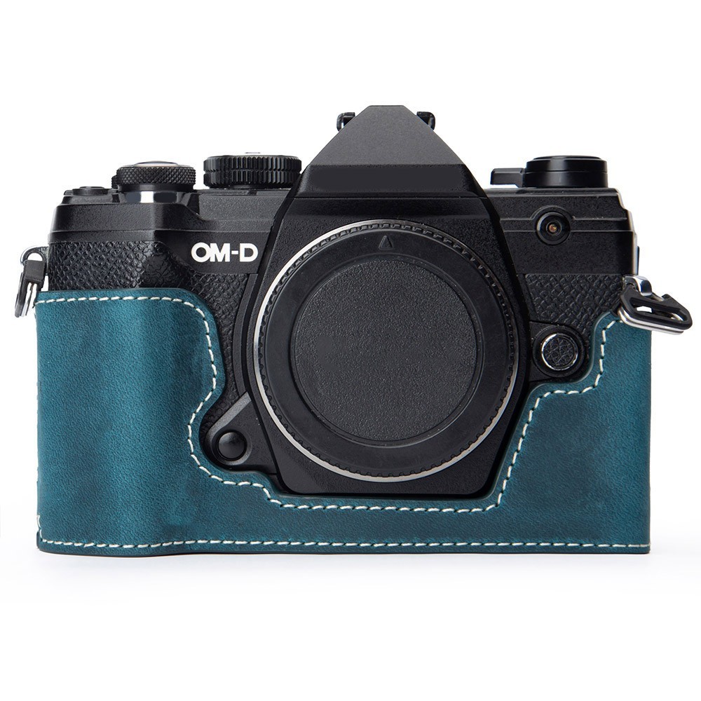 Genuine Leather Half Camera Case for Olympus OM-D E-M5 Mark III/E-M5 Case Blue