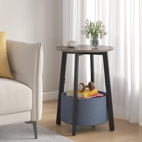 Small Round Side End Table with Cloth Storage Basket, Round Bedside Sofa 1 Grey