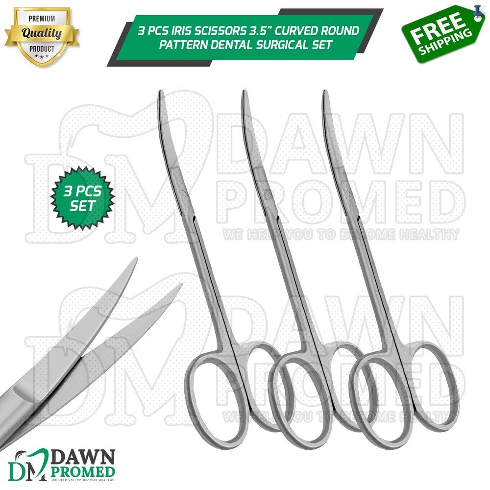 3 Pcs Iris Scissors 3.5” Curved Round Pattern Dental Veterinary Surgical Set