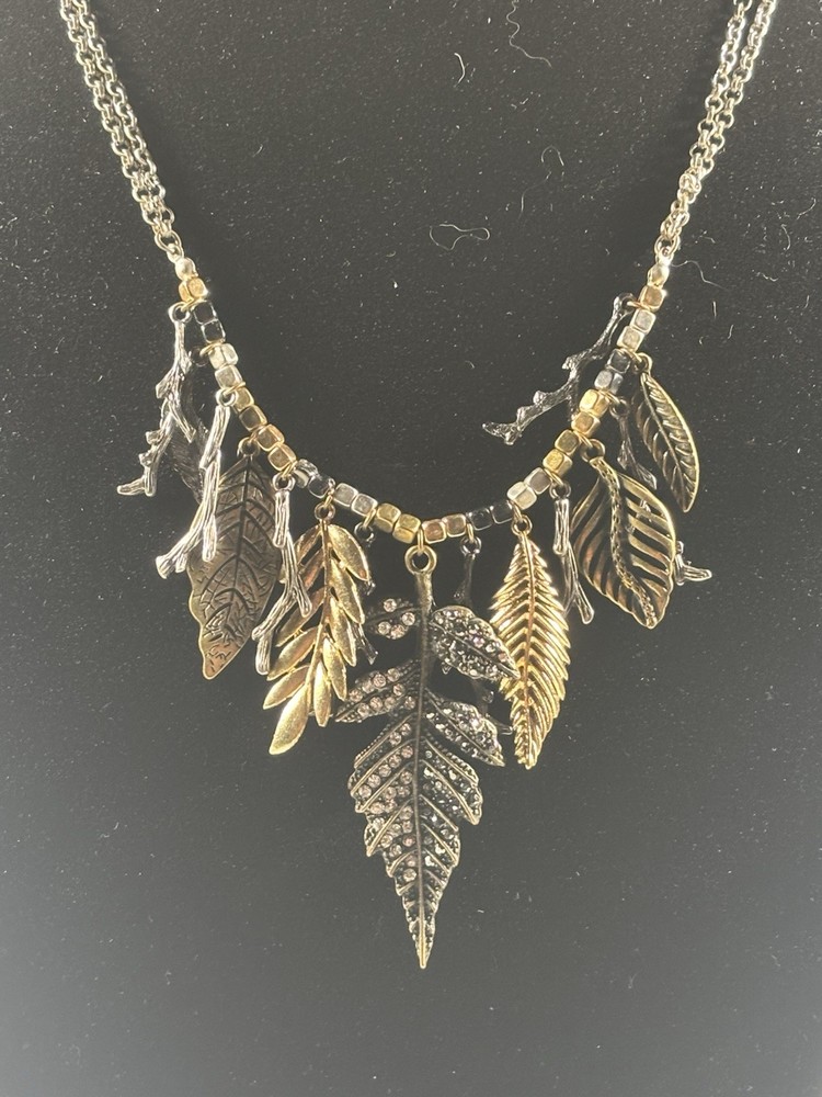 Boho Leaf Dangle Pendant Necklace Mixed Metal Charm Statement Jewelry