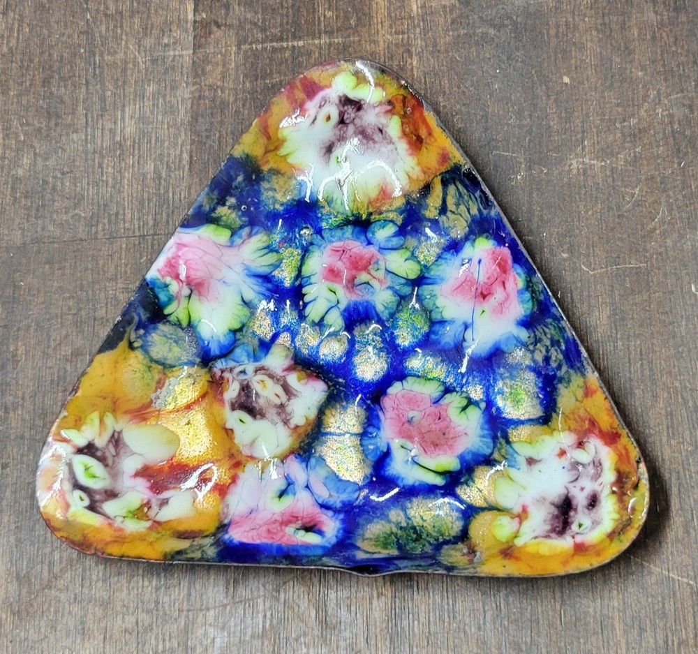 Vintage MCM Triangle Enameled Copper Trinket Dish Multicolored 4” Enamel Blobs