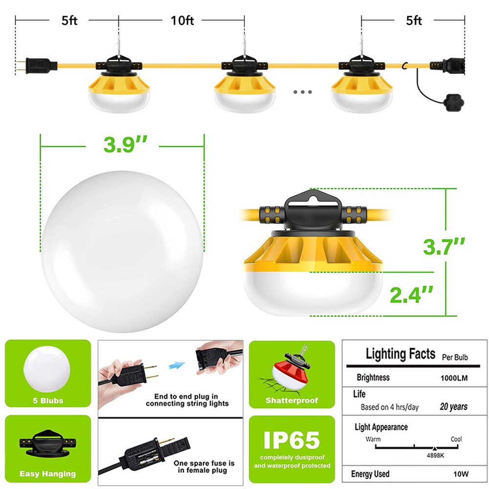 50FT Construction String Lights LED Industrial Grade Super Bright Work Light US
