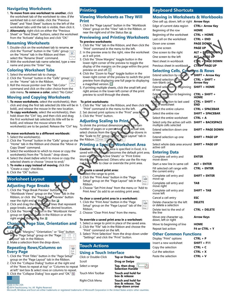 Excel 2013 Training Guide Quick Reference Card 4 Page Cheat Sheet Instructions