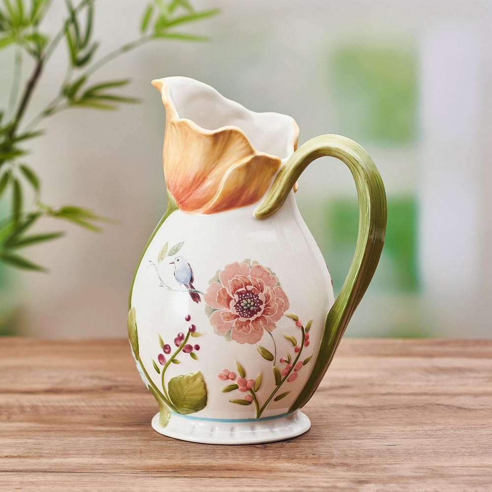 Fitz and Floyd Meadow Floral Pitcher Vase, 2.5 Quart