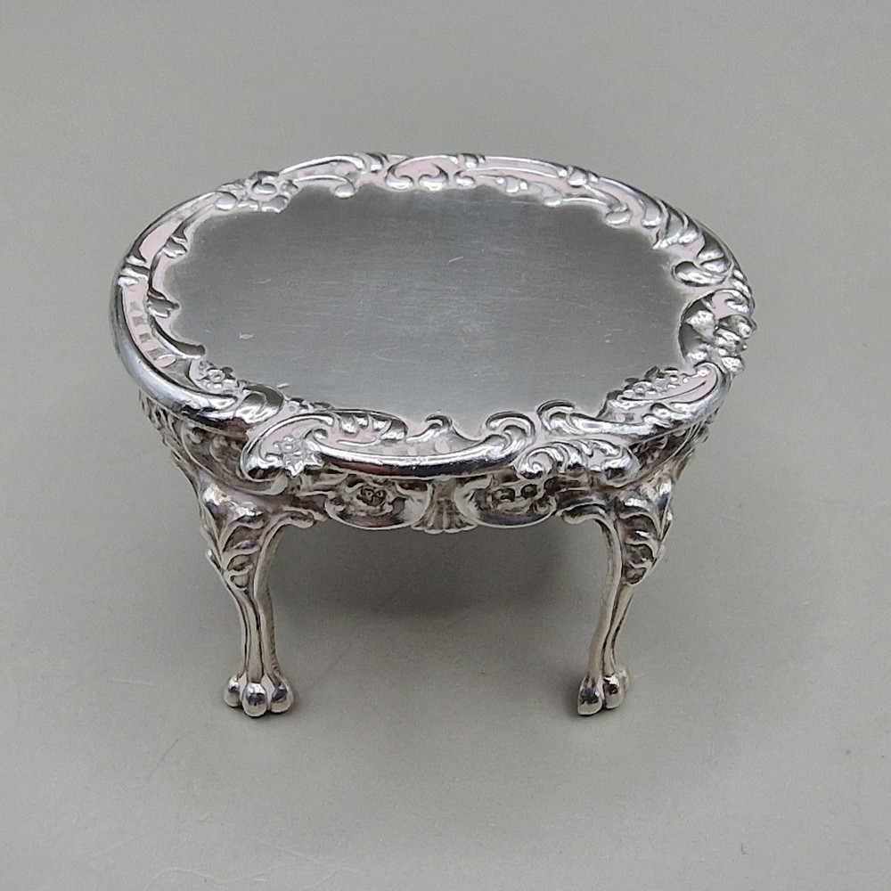 Vintage Solid Silver Miniature Dollhouse Table & Two Cherub Chairs