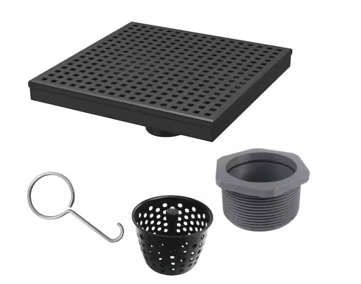 RELN 8" x 8" Square Matte Black Shower Drain w/ Square Pattern Drain