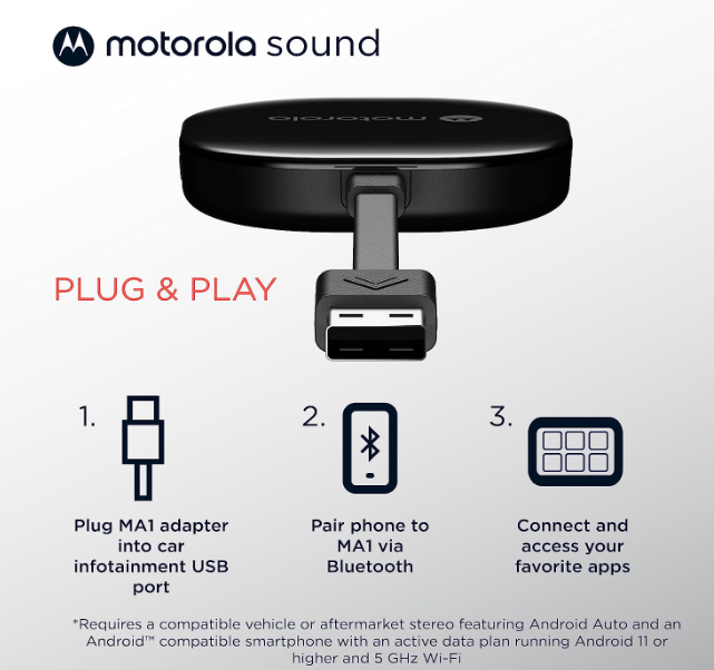 Motorola MA1 Wireless Android Auto Car Direct Plug-in USB Adapter