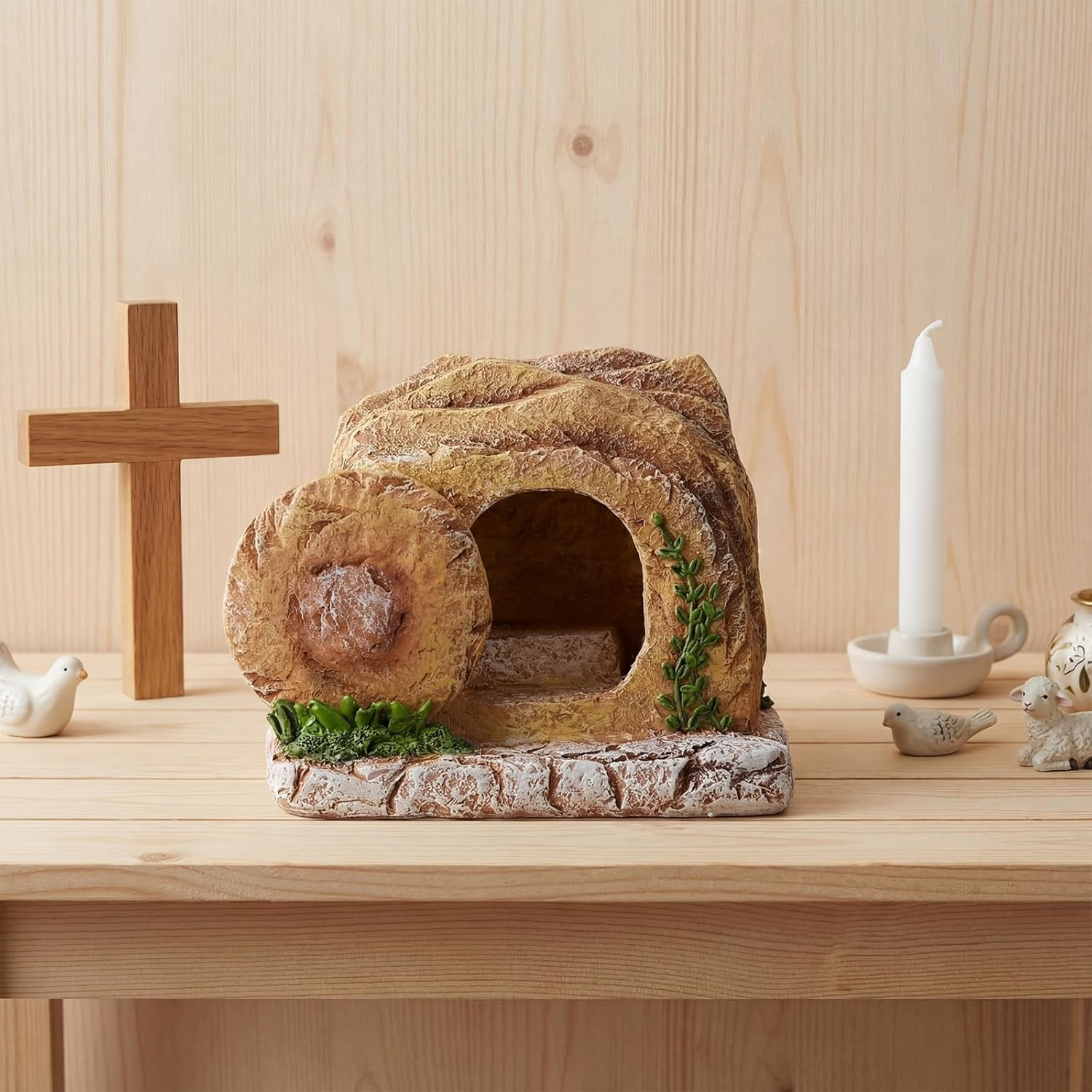 Lighted Easter Empty Tomb Scene Decor Resin Resurrection Tomb Scene with Movable