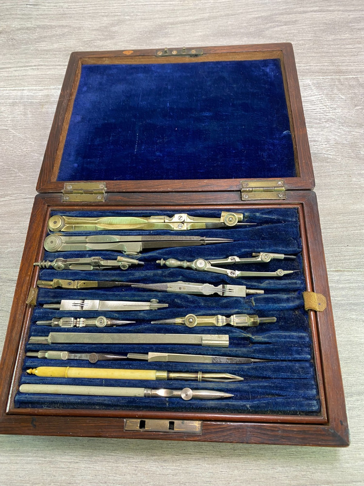 Vintage Engineering Draughtsman Set Technical Drawing Instruments Wooden Case