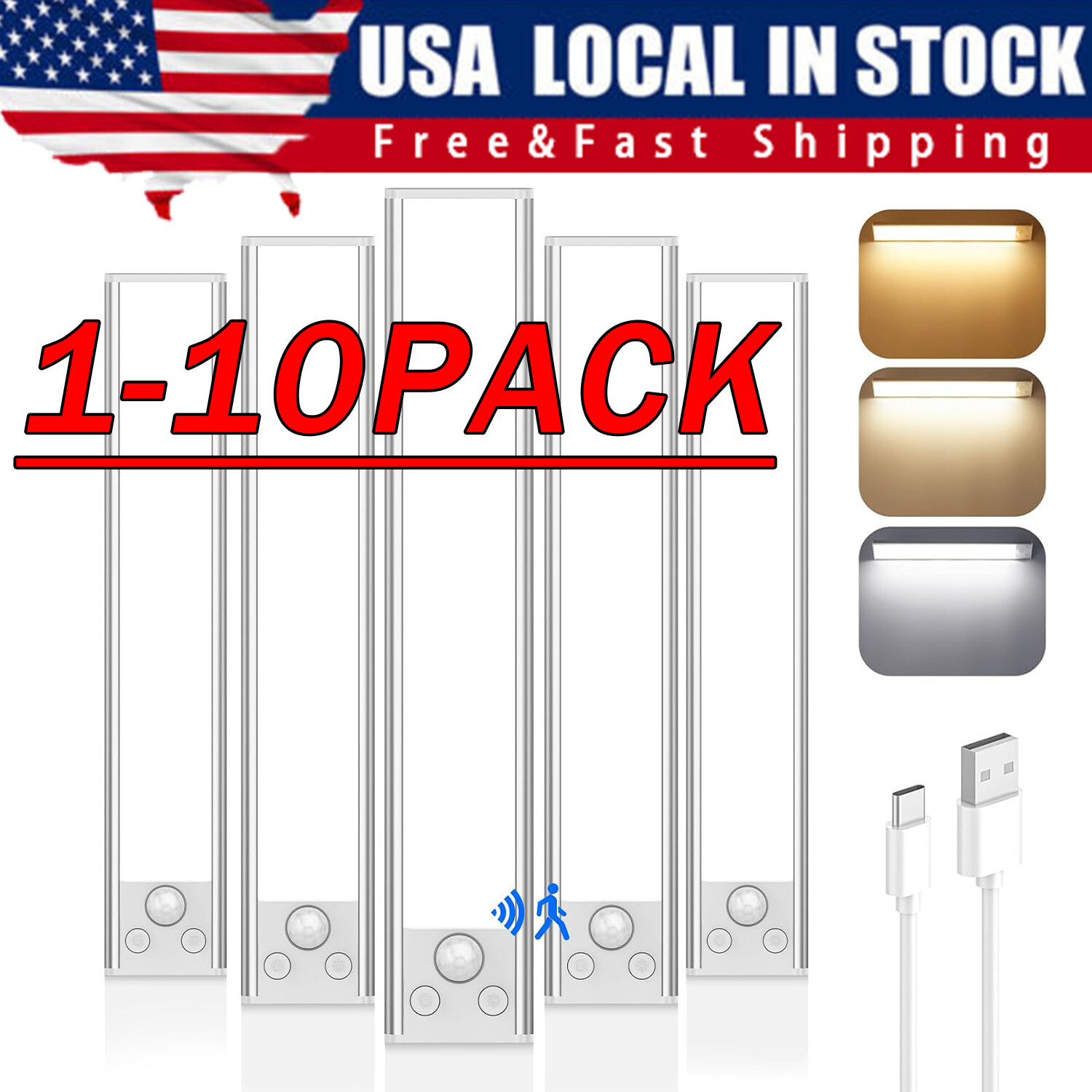 LED Motion Sensor Under Cabinet Closet Light USB Rechargeable Kitchen Lamp Strip