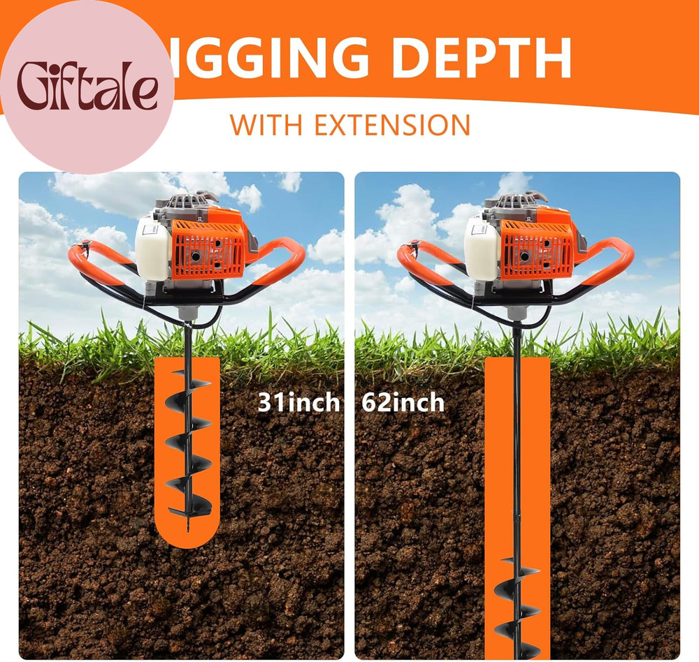 72CC , 2 Stroke Gas Powered Earth Post Hole Digger with 2 Auger Drill Bits(6" &