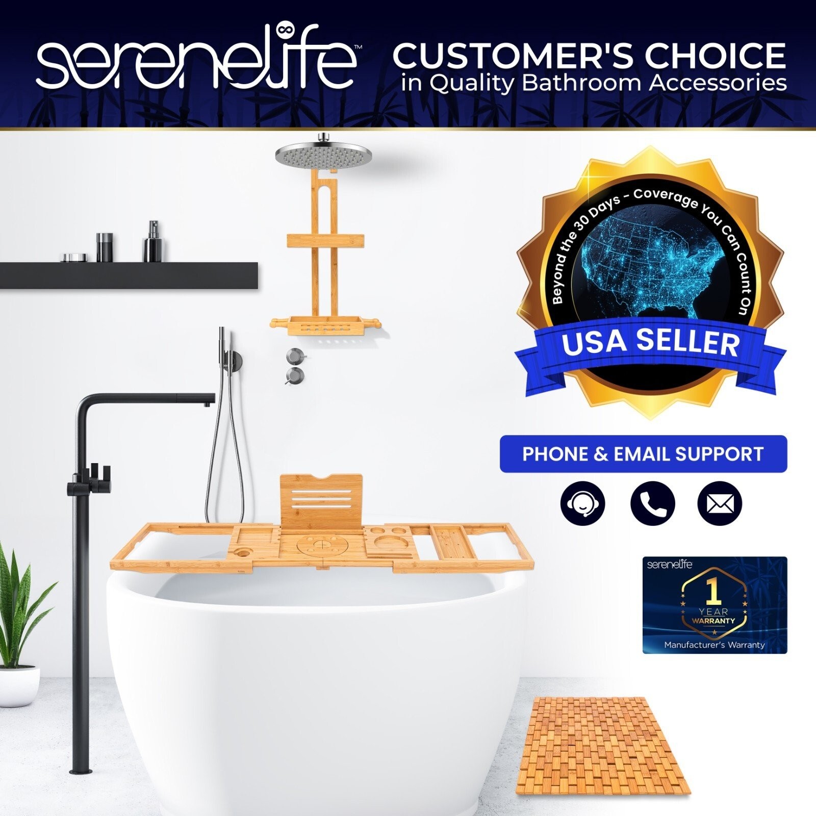 SereneLife Bamboo Floor Bath & Shower Mat with Extra Non-Slip Grips (Natural)