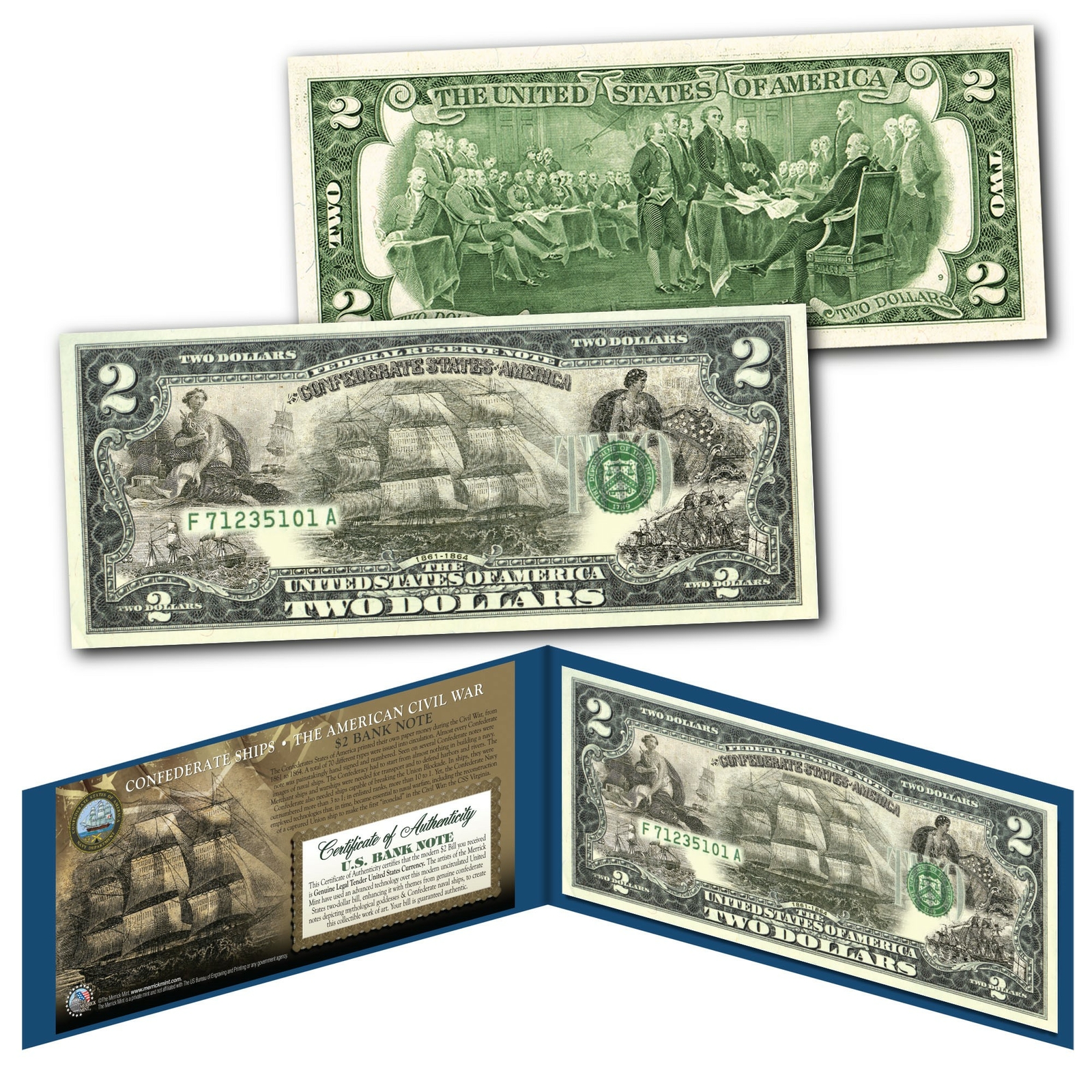 CONFEDERATE SHIPS Banknote of The American Civil War Legal Tender on New $2 Bill