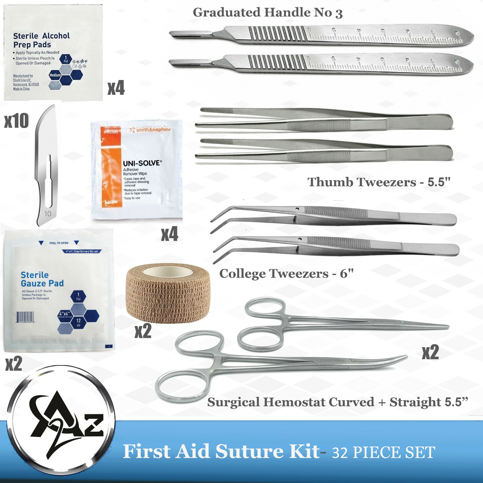 32pc First Aid Suture & Surgical Kit, High Quality Tactical Trauma Emergency Kit
