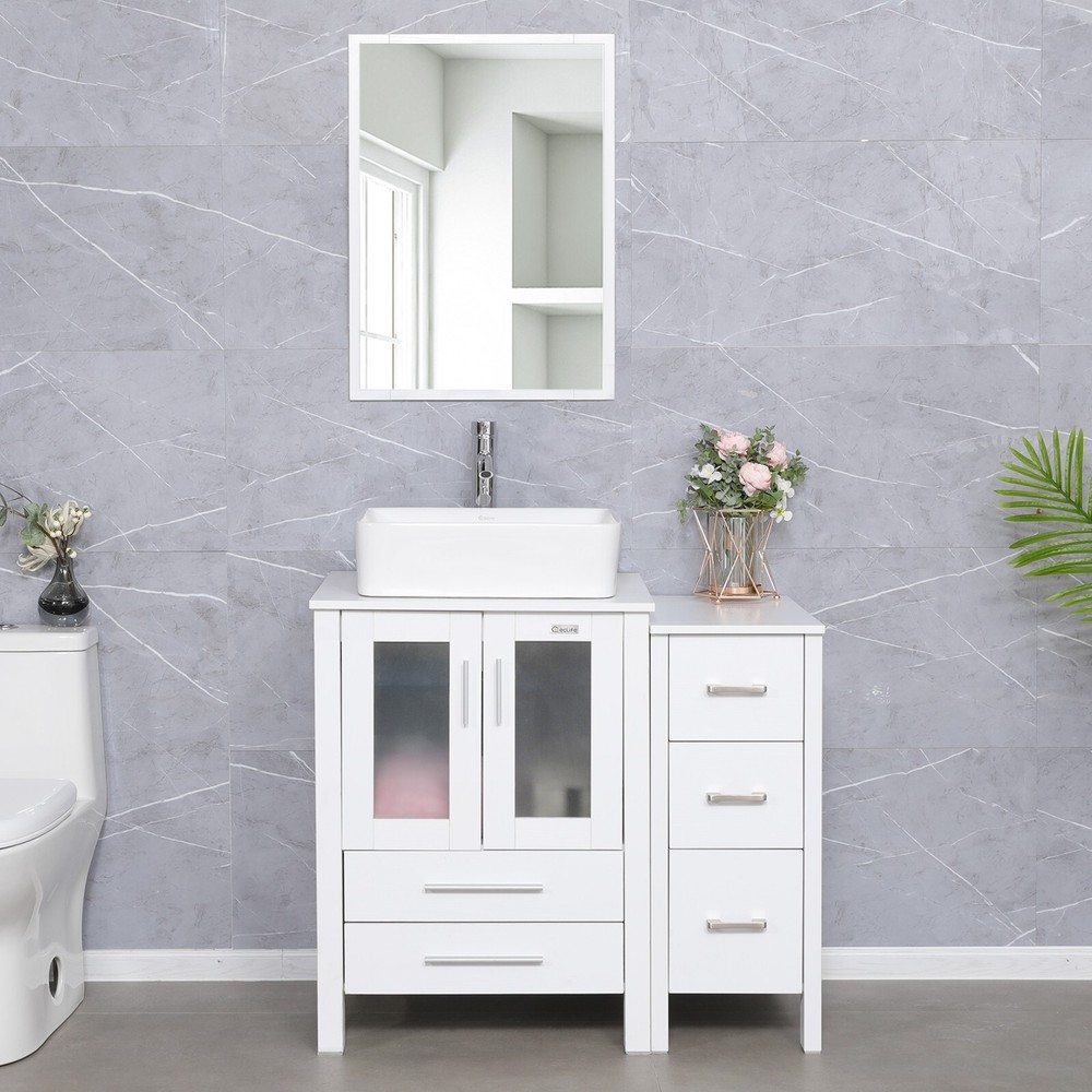 36" White Bathroom Vanity Combo Ceramic Rectangle Vessel Sink Side Cabinet Set