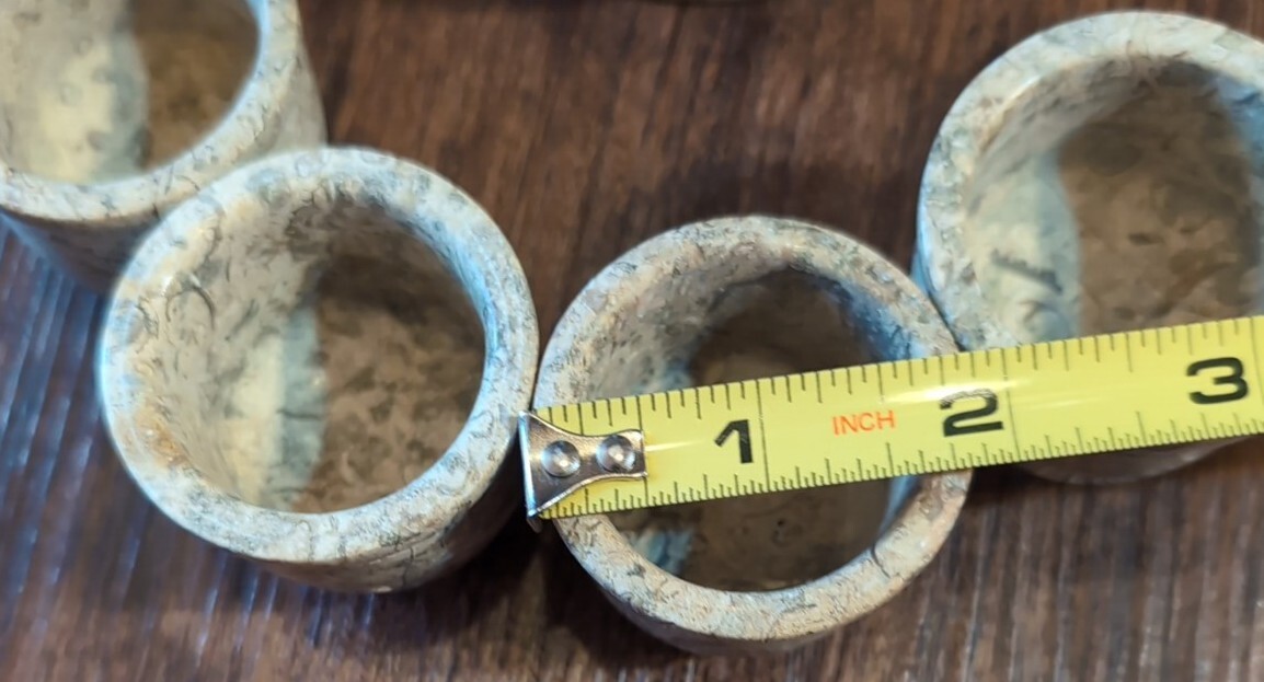 Vtg Marble Stone Tea Set: Pot + Six Cups Gray Brown Marble Patchwork