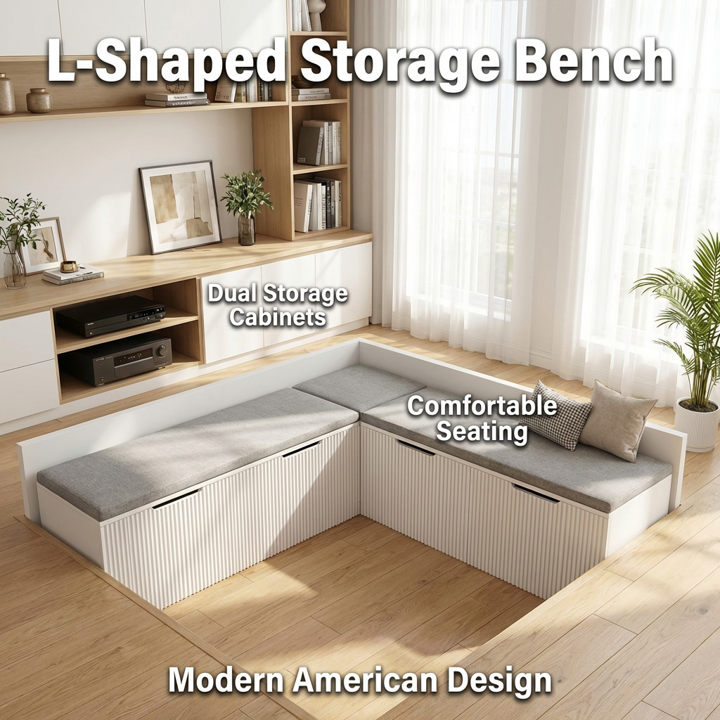 L-Shaped Storage Bench, Kitchen Breakfast Nook with Cushion & Hidden Storage