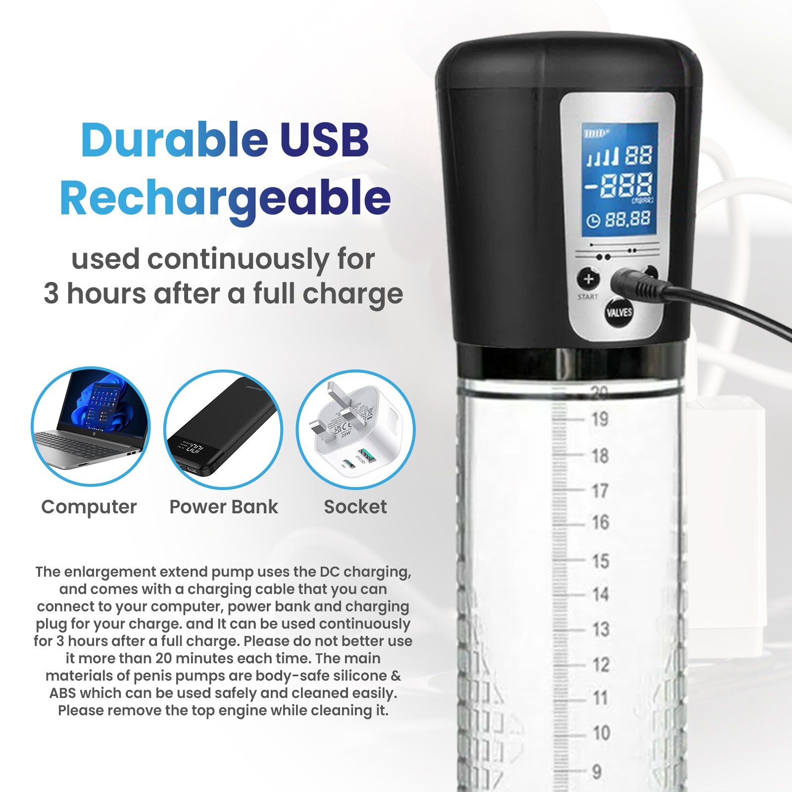 Vacuum Electric Penis Pump Digital rechargeable Male Men Penis Enlarger Growth