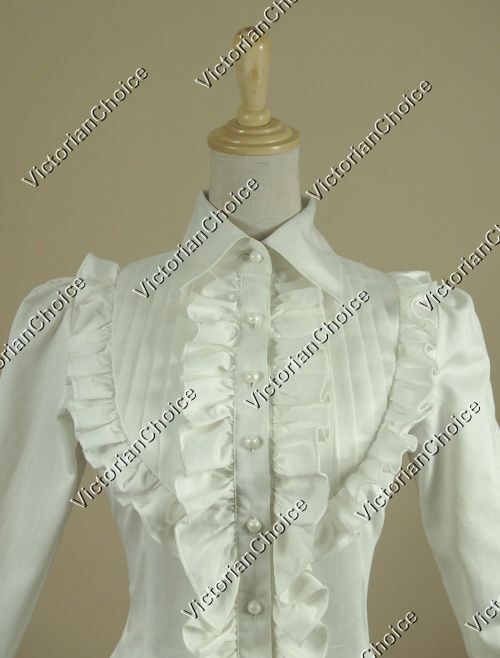 Victorian Gothic Women White Vintage Cotton Shirt Blouse Steampunk Costume B007