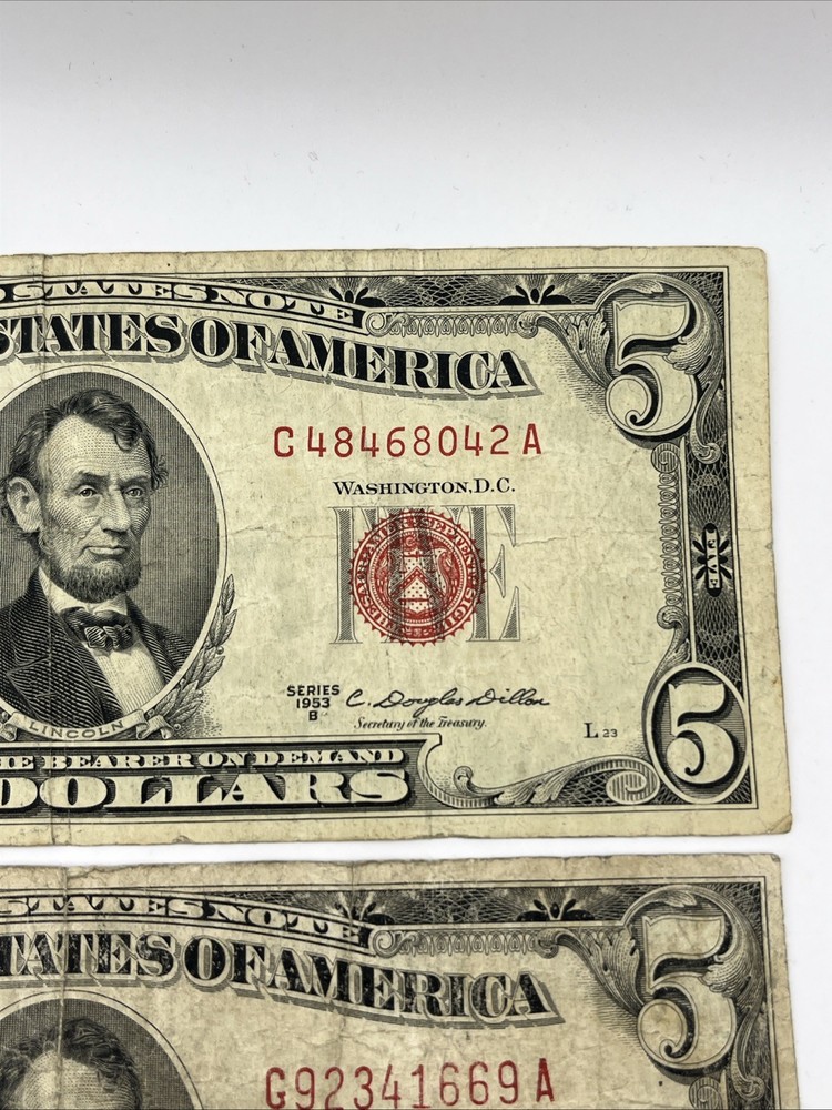1928 E/1953 A&B $5 Red Seal & Silver Cert Note Lot