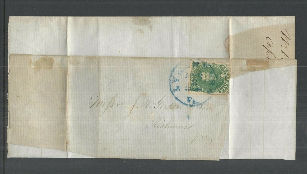 CSA SCOTT 1 ON COVER - 1861 5c GREEN   LYNCHBURG to RICHMOND, VA  CV $300