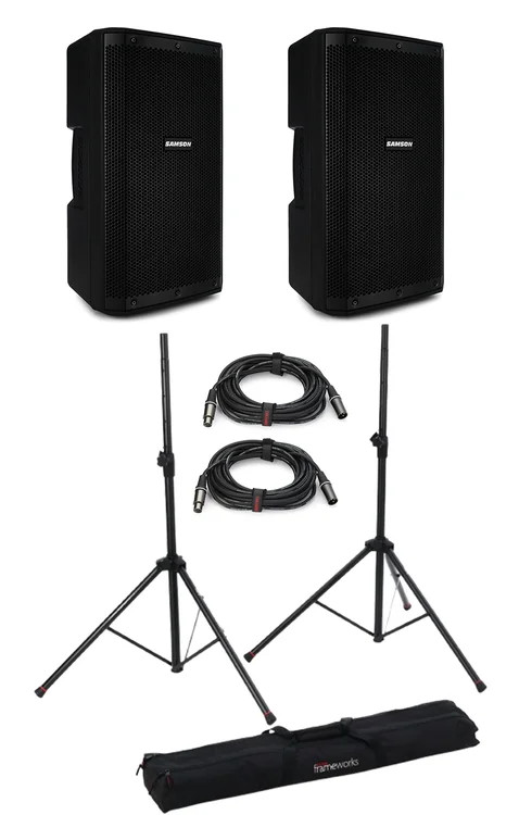 Samson RS110A 300W 10" Powered Speaker Pair and Stand Bundle