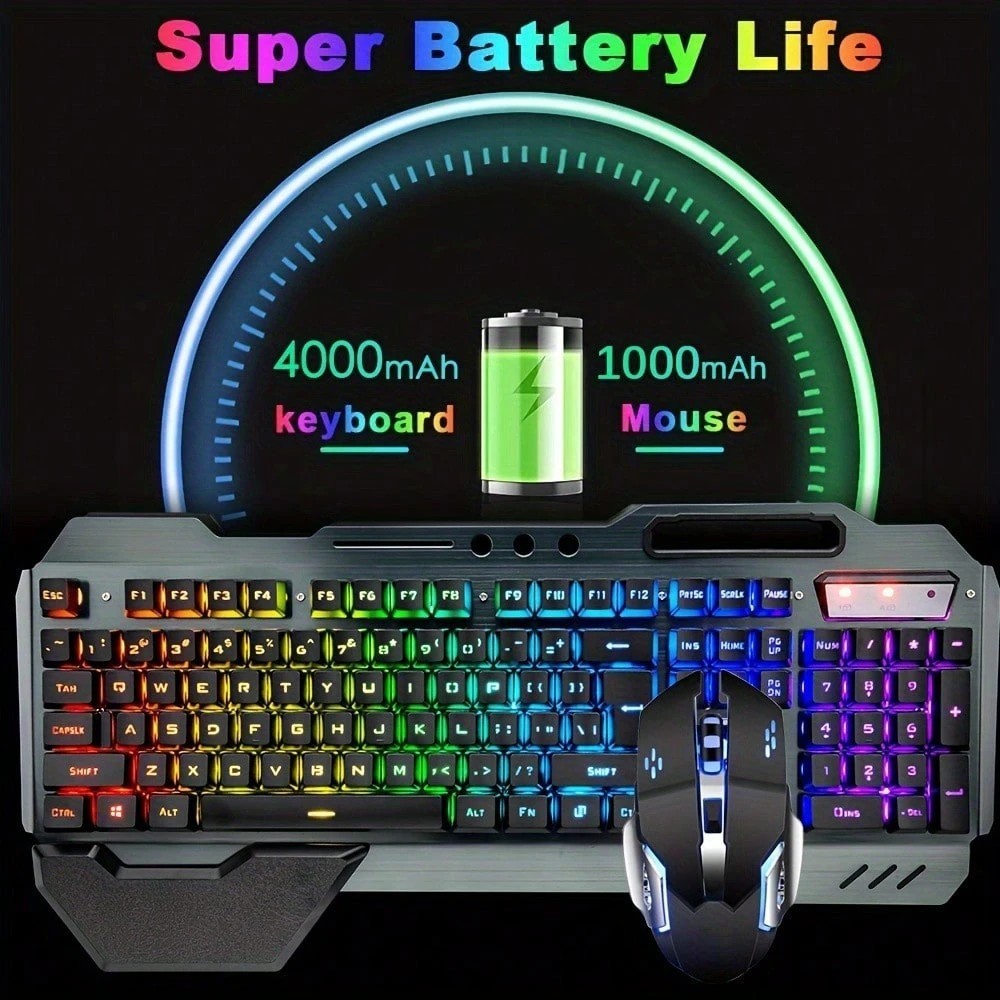 Wireless Gaming Keyboard and Mouse Combo Rainbow Backlit Metal Rechargeable PC