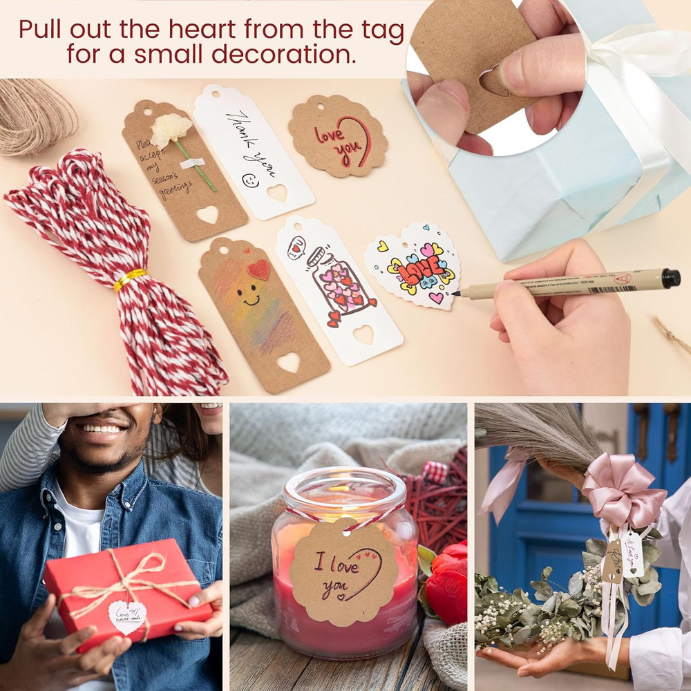 200Pack Gift Tags with String Attached, 3 Different Designs White and Brown Blan