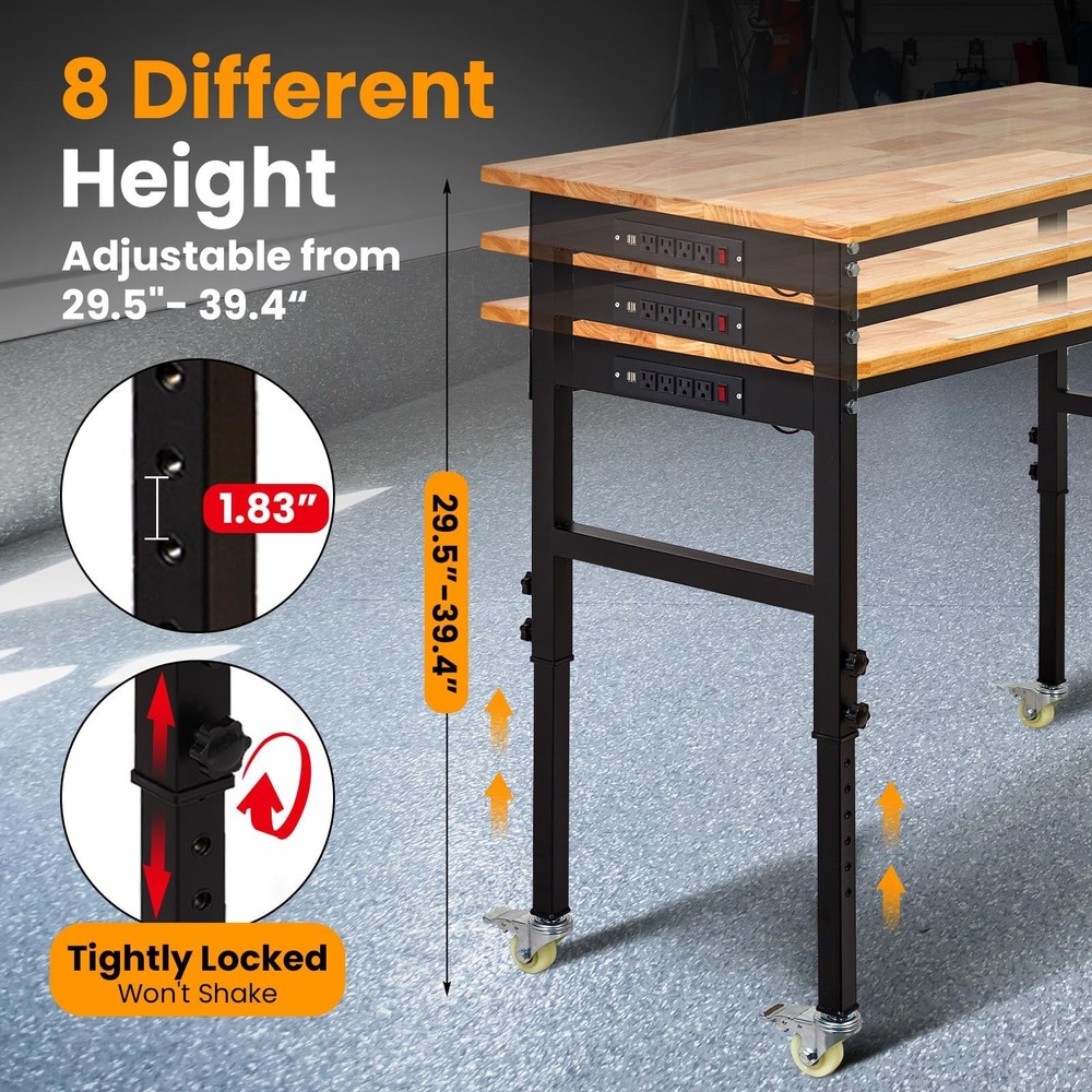 48" Adjustable Workbench, Heavy Duty Work Bench Table w/Pegboard & Power Outlets