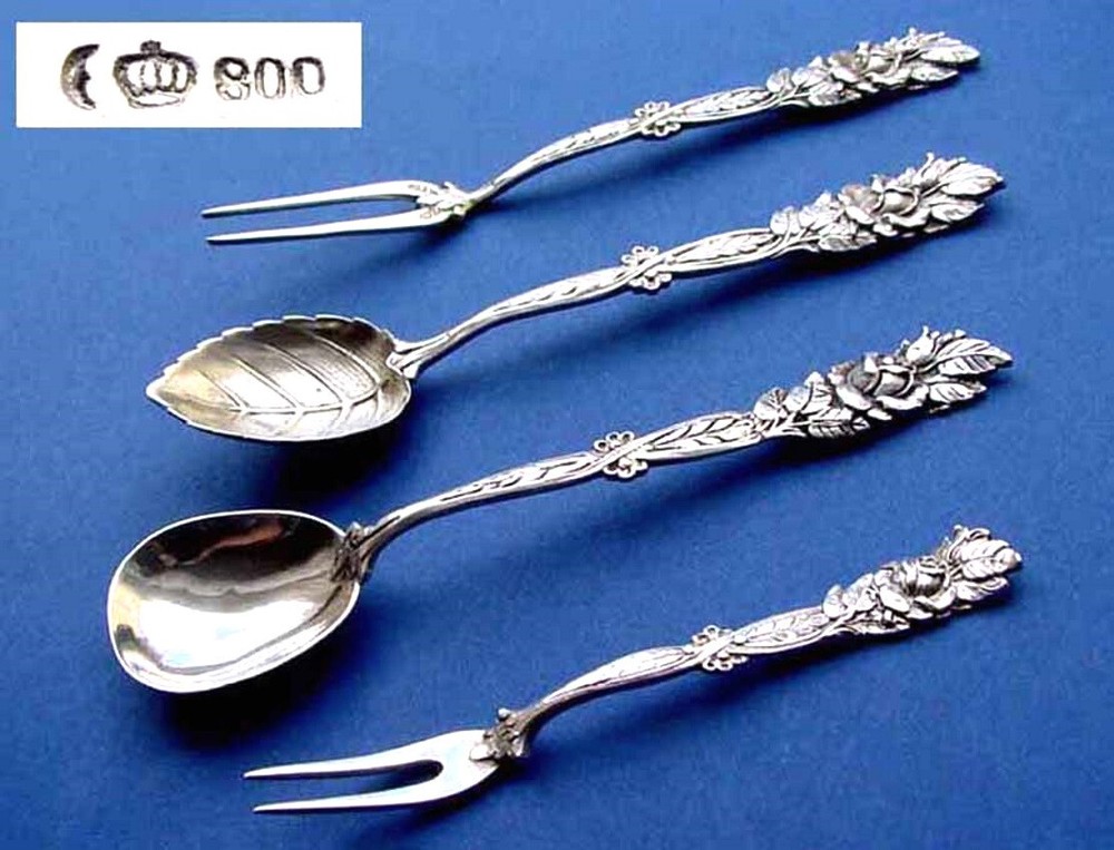 Set, 2 Fork +2 Spoon, Rose Decoration, 800er Silver B714