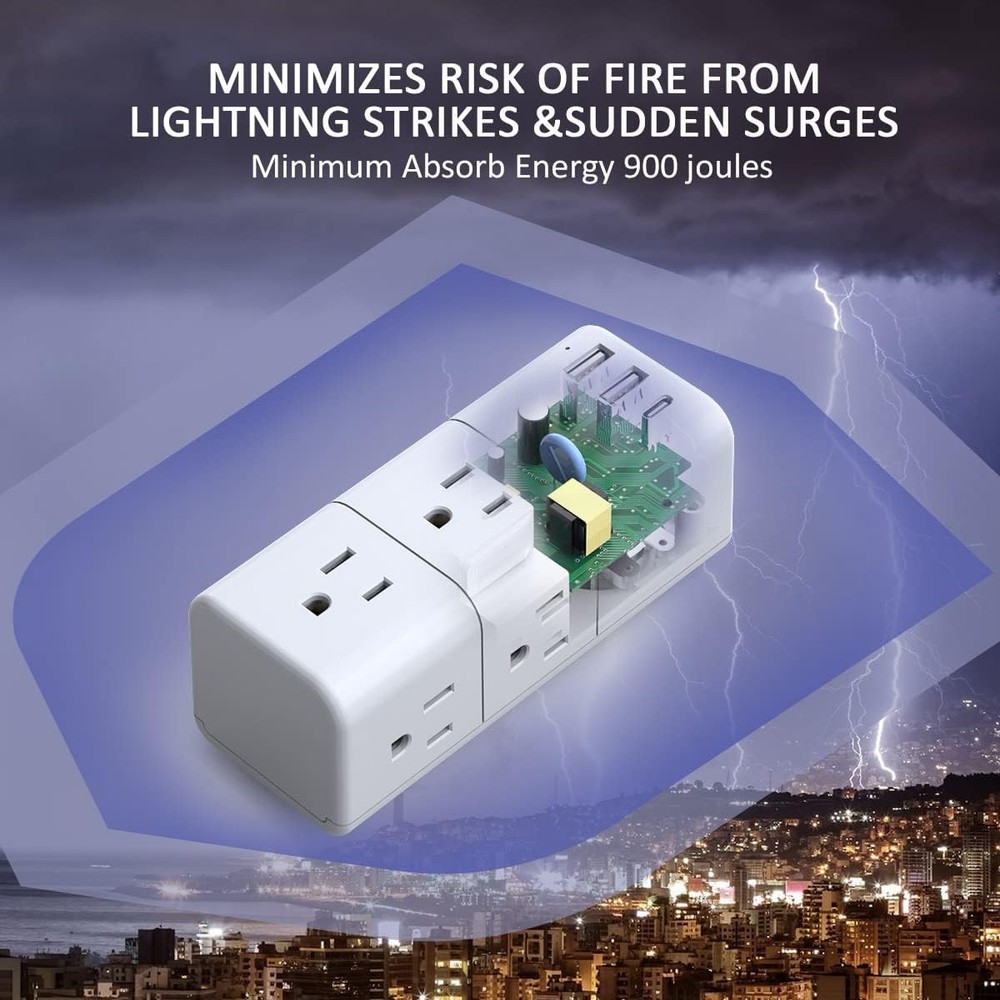 6 AC Plug Extender with 3 USB Ports - USB Multi Plug Outlet Surge Protector