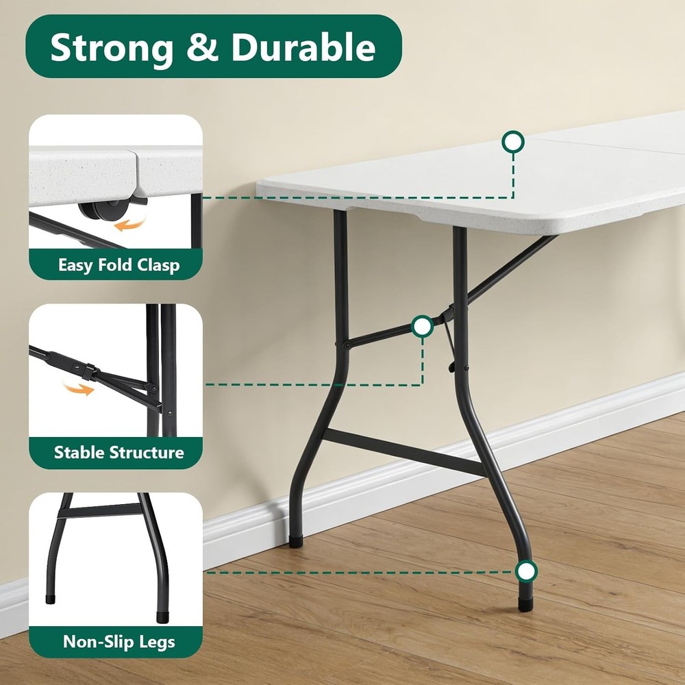 Folding Table 5FT Heavy Duty Plastic Table, Foldable&Portable, Fold-in-Half Util