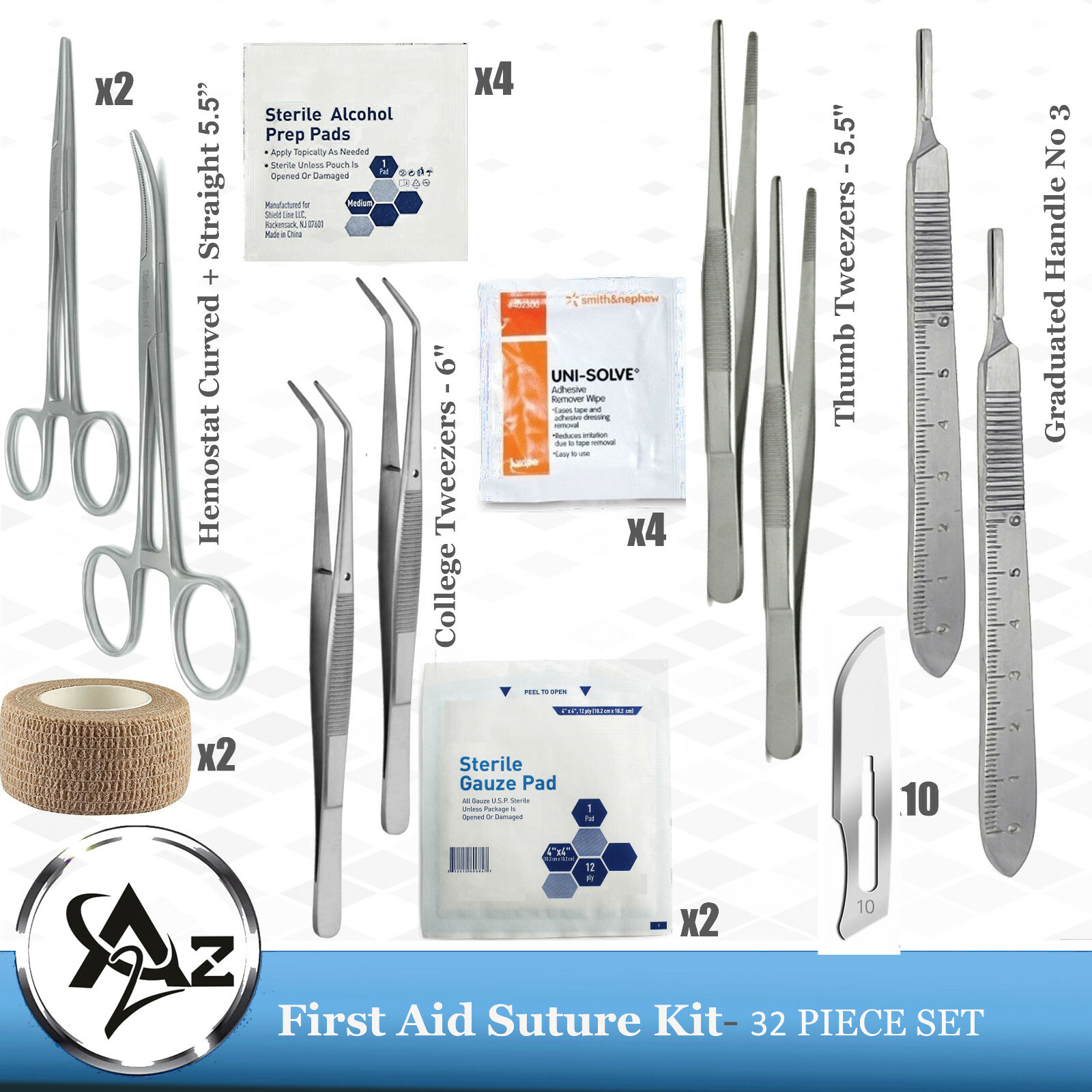 32pc First Aid Suture & Surgical Kit, High Quality Tactical Trauma Emergency Kit