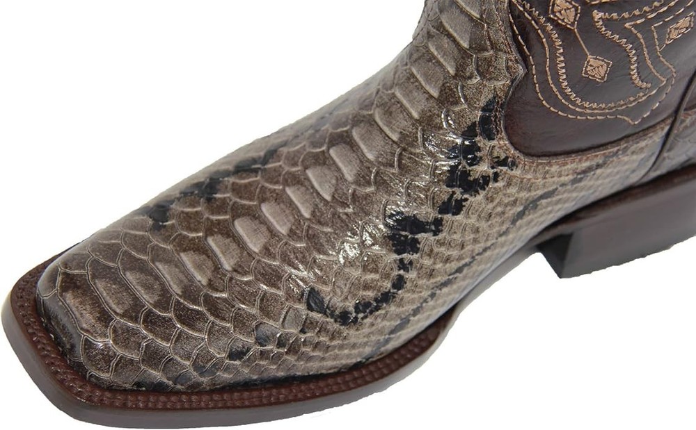 Genuine Leather Exotic Python Print Square Toe Cowboy Western Boots - Olive